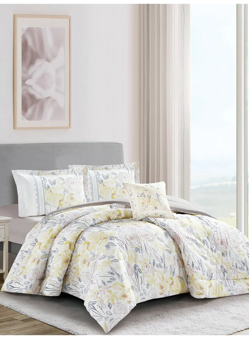 Donetella Bedding Comforter Set, King Size 250x230cm - 4-Pcs Digital Print Quilted Bed Set, Microfiber Fabric - 1 Comforter, 2 Pillow Shams,1 Cushion Cover.