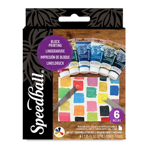 Speedball 3470 WaterSoluble Block Printing Ink Starter Set 6 Bold Colors with Satiny Finish 125 FL OZ Tubes Multicolor