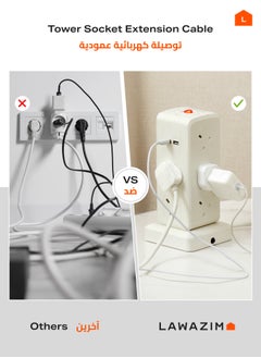 LAWAZIM Heavy duty 10 Way Tower Socket Extension Cable with on/off buttons & 4 USB Ports  | 1.5 Meters | 2990W  - Image 3