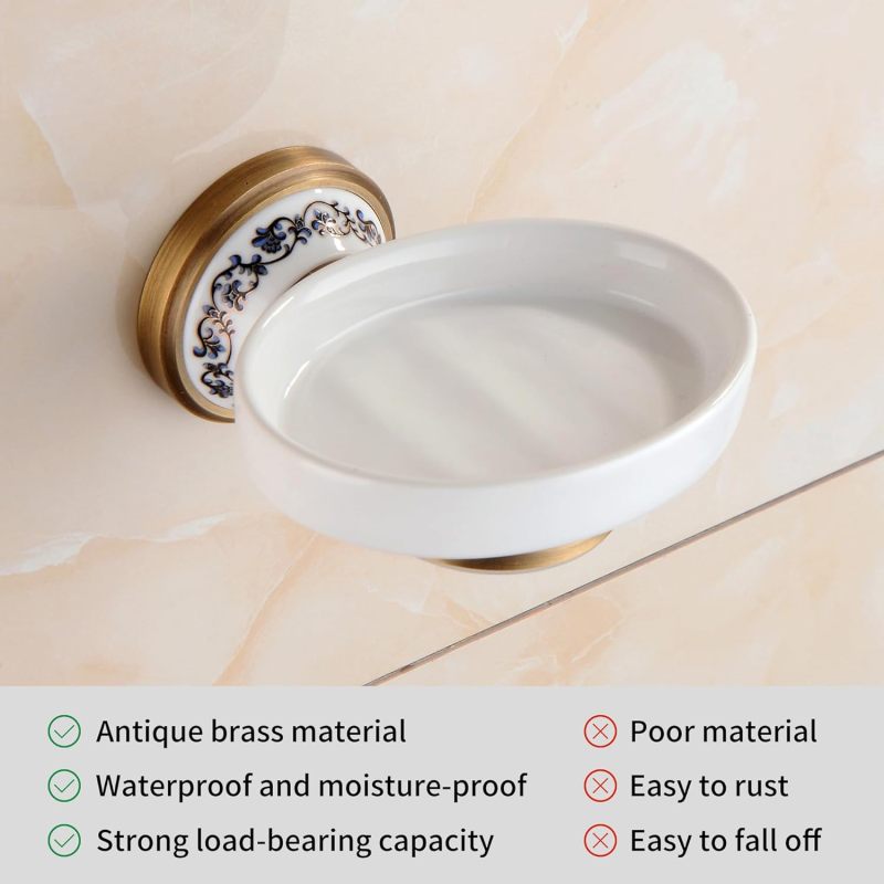 Antique Copper Brass Wall-mounted Porcelain Surface Soap Dish Storage Rack White - Image 5