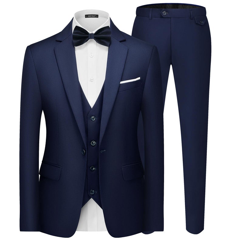 MAGE MALE Mens 3 Pieces Suit Elegant Solid One Button Slim Fit Single Breasted Party Blazer Vest Pants Set Navy Blue