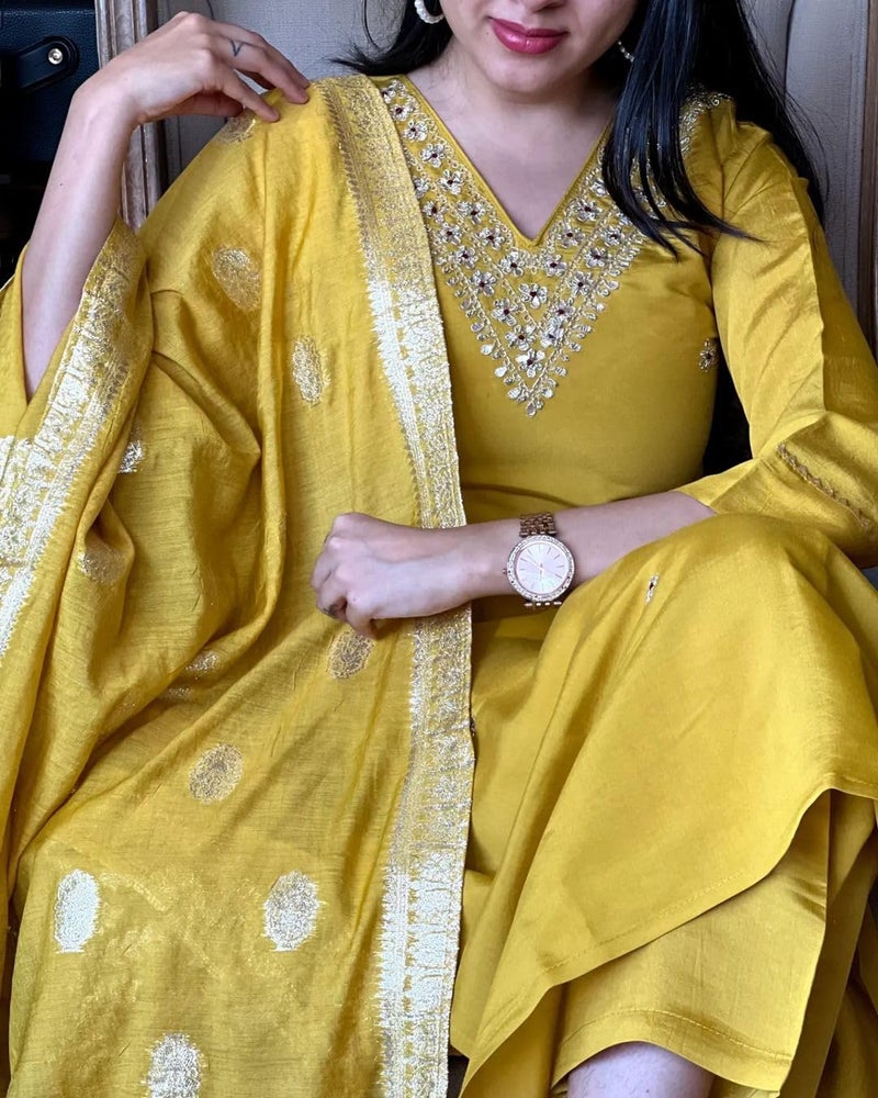 Florely Women's Viscose Chanderi Silk Embroidery Kurta Bottom Set, and Dupatta Set Traditional Kurta Set for Women Cotton Kurtis for Women Latest (in, Alpha, 2XL, Regular, Yellow) - Image 5