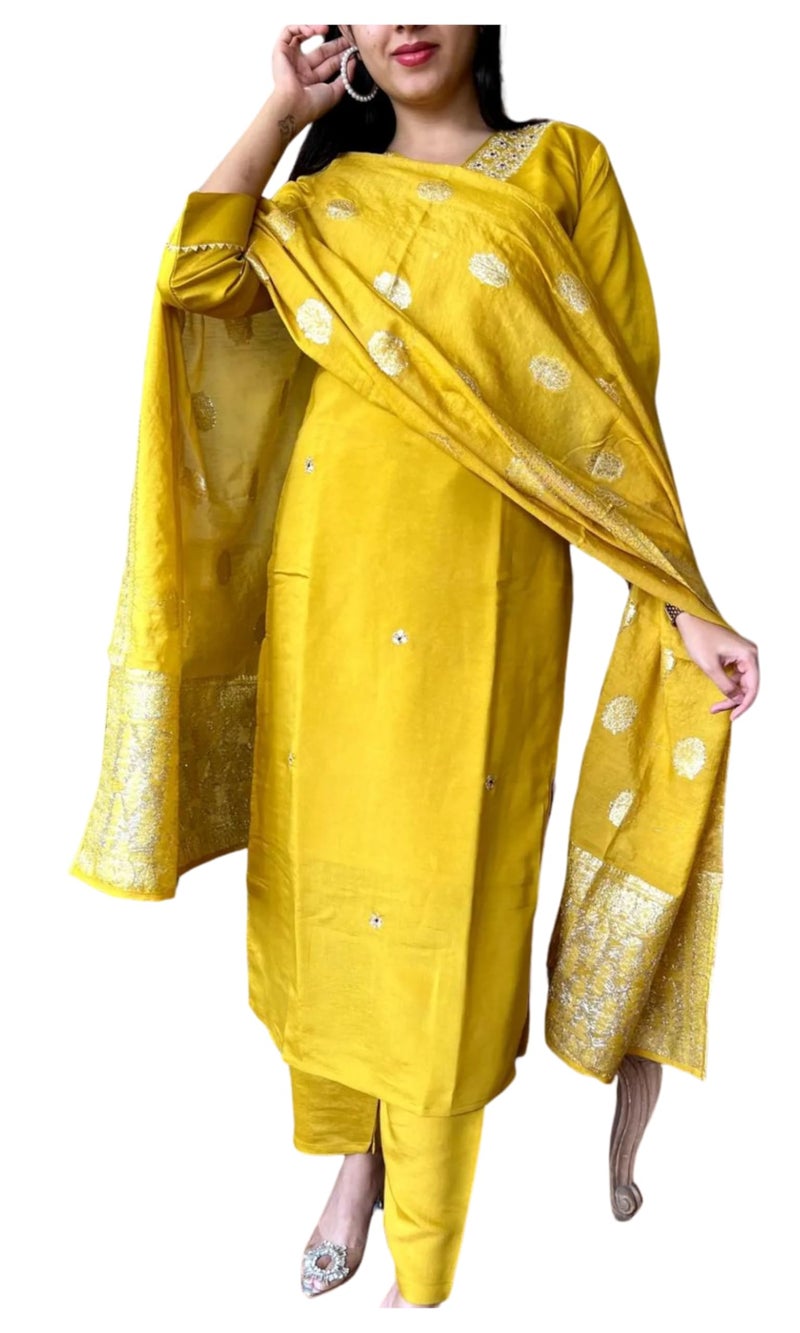 Florely Women's Viscose Chanderi Silk Embroidery Kurta Bottom Set, and Dupatta Set Traditional Kurta Set for Women Cotton Kurtis for Women Latest (in, Alpha, 2XL, Regular, Yellow) - Image 1