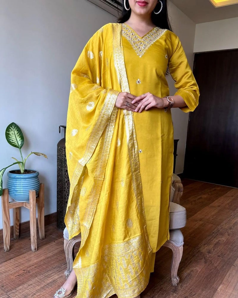 Florely Women's Viscose Chanderi Silk Embroidery Kurta Bottom Set, and Dupatta Set Traditional Kurta Set for Women Cotton Kurtis for Women Latest (in, Alpha, 2XL, Regular, Yellow) - Image 2