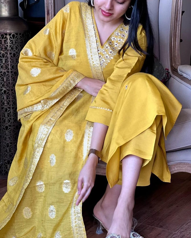 Florely Women's Viscose Chanderi Silk Embroidery Kurta Bottom Set, and Dupatta Set Traditional Kurta Set for Women Cotton Kurtis for Women Latest (in, Alpha, 2XL, Regular, Yellow) - Image 4