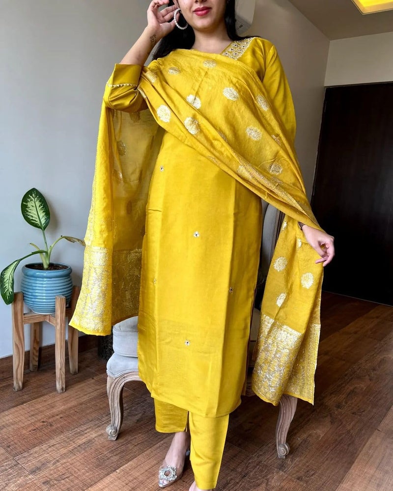Florely Women's Viscose Chanderi Silk Embroidery Kurta Bottom Set, and Dupatta Set Traditional Kurta Set for Women Cotton Kurtis for Women Latest (in, Alpha, 2XL, Regular, Yellow) - Image 3