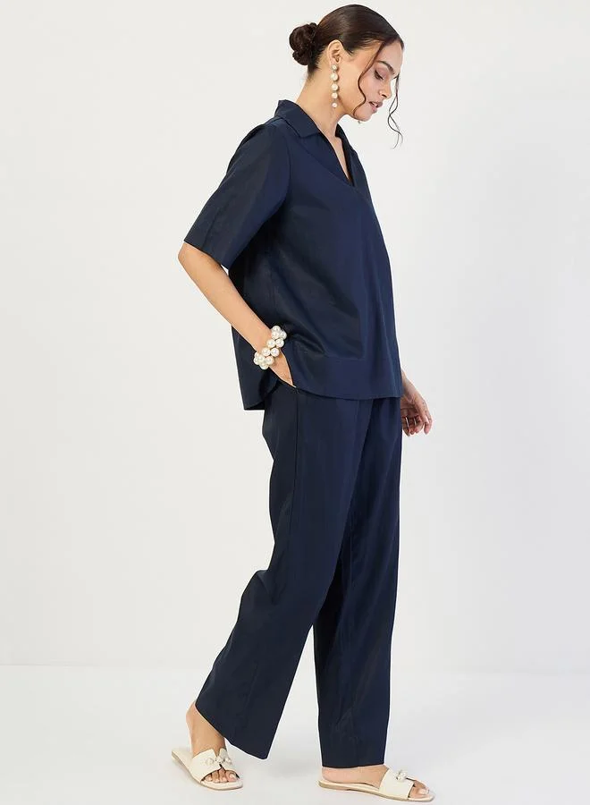 Femmella Women Navy Open Collar Top and Pants Co-Ords