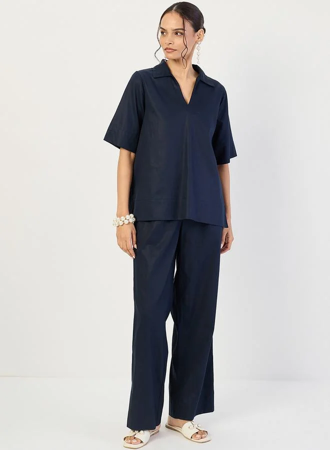Femmella Women Navy Open Collar Top and Pants Co-Ords