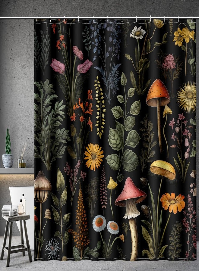 Aimego Mushroom Floral Shower Curtain - Boho Vintage Plants Flowers Retro Bohemian Botanical Nature Bath Shower Curtain Set with 12 Hooks for Adults Bathroom Decor Accessories, 72"x72" Black - Image 1