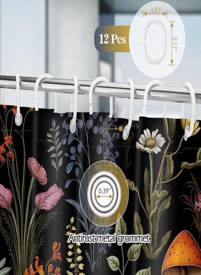 Aimego Mushroom Floral Shower Curtain - Boho Vintage Plants Flowers Retro Bohemian Botanical Nature Bath Shower Curtain Set with 12 Hooks for Adults Bathroom Decor Accessories, 72"x72" Black - Image 3