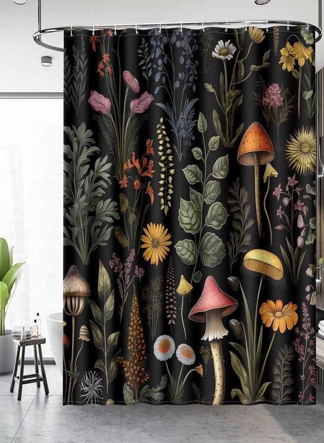 Aimego Mushroom Floral Shower Curtain - Boho Vintage Plants Flowers Retro Bohemian Botanical Nature Bath Shower Curtain Set with 12 Hooks for Adults Bathroom Decor Accessories, 72"x72" Black - Image 2