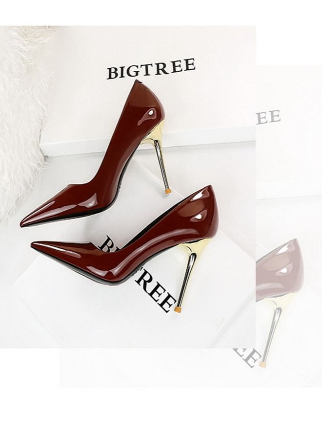 BIGTREE Shallow Pointed Metal Heel High-Heeled Shoes 10CM Wine Red - Image 2