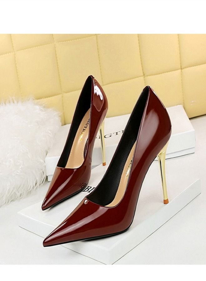 BIGTREE Shallow Pointed Metal Heel High-Heeled Shoes 10CM Wine Red - Image 1