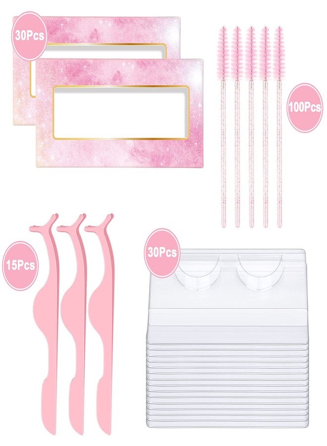 MAGEFY 175 Pieces Lash Packaging Wholesale, Include 30 Empty Eyelashes Packaging Box, 30 False Lash Trays, 15 Eyelash Tweezers and 100 Eyelash Brush Mascara Wands Disposable (Pink) - Image 2