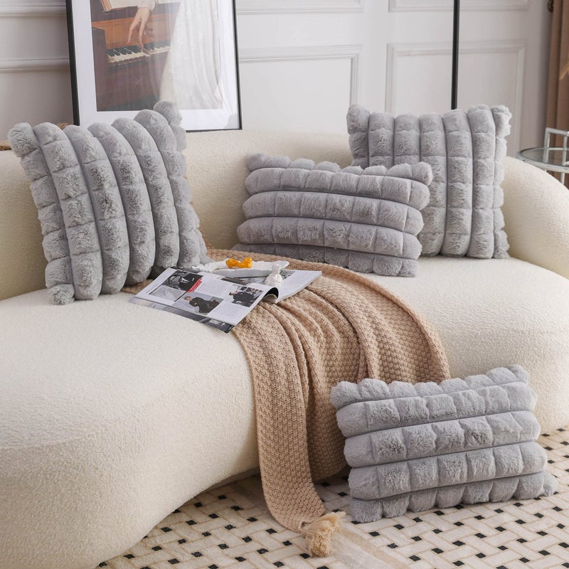 Neelvin Grey Faux Fur Cozy Soft Plaid Decorative Throw Pillow Covers 18x18 inch Set of 2,Velvet Pillowcase Cushion Case for Sofa Couch - Image 4
