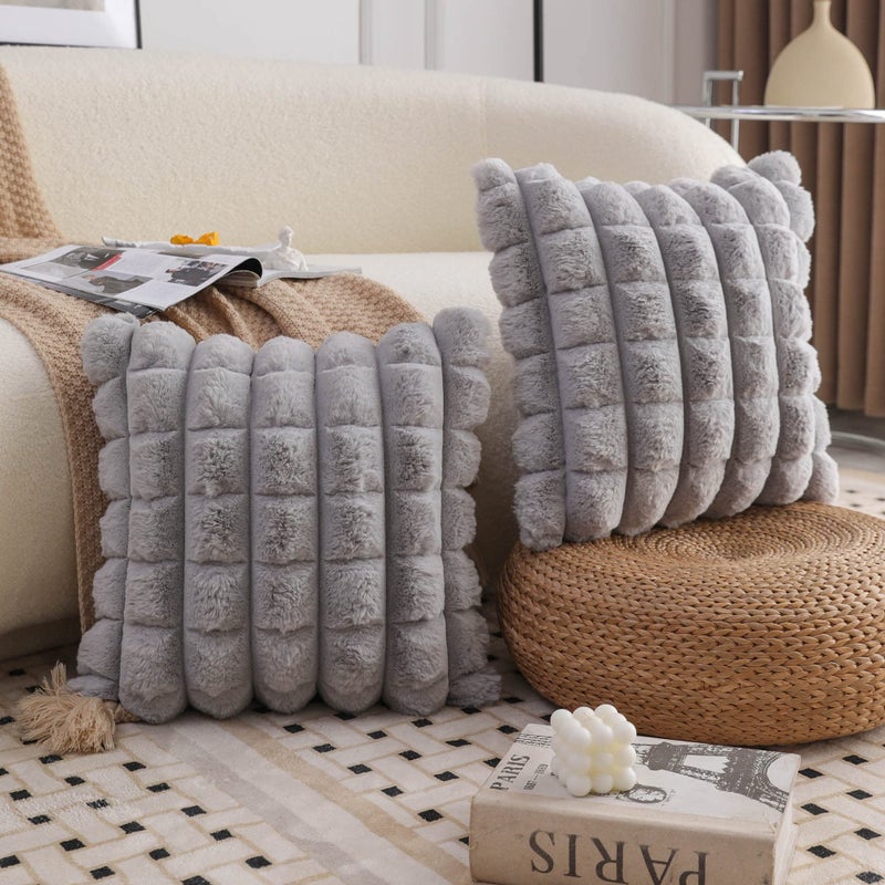 Neelvin Grey Faux Fur Cozy Soft Plaid Decorative Throw Pillow Covers 18x18 inch Set of 2,Velvet Pillowcase Cushion Case for Sofa Couch - Image 3