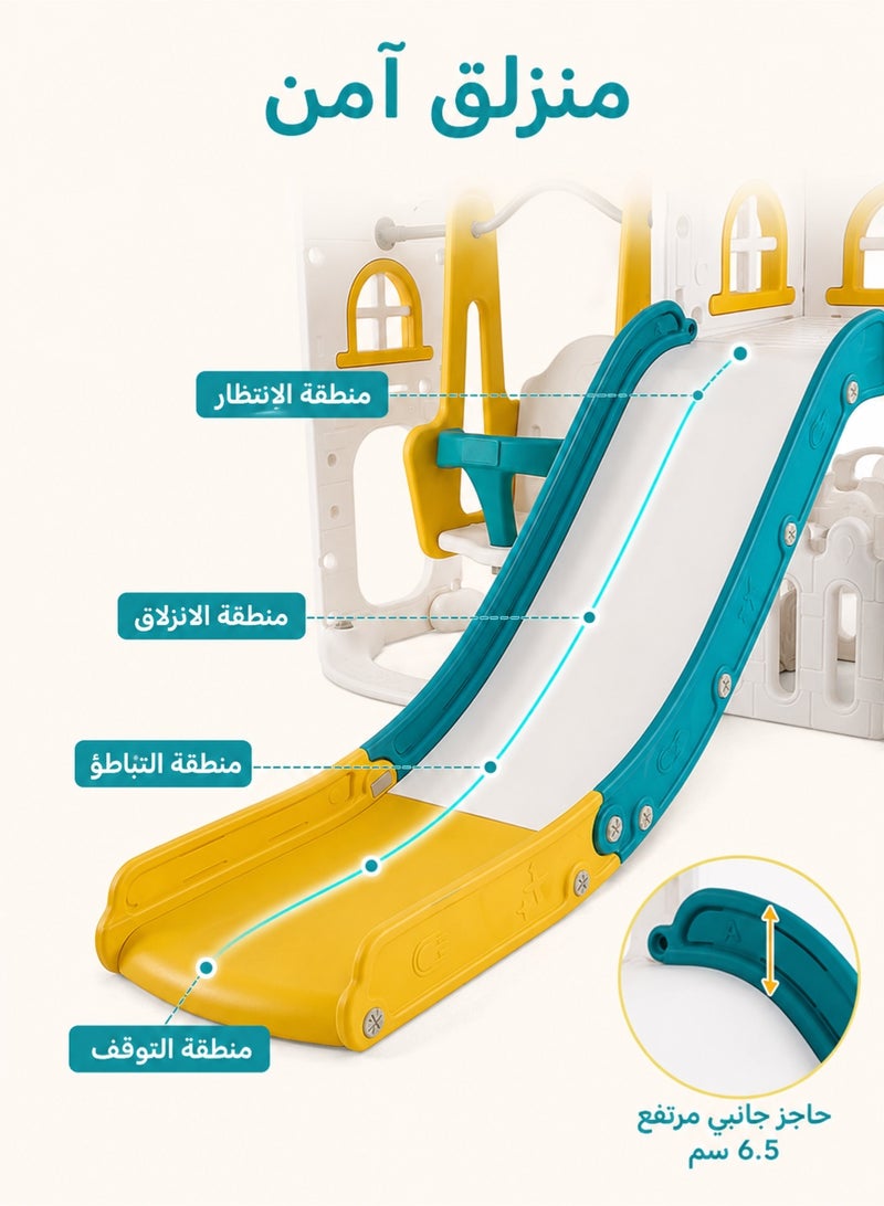 سانتين رايلي مجموعة ألعاب للأطفال الصغار 7 في 1 تتضمن زحليقة وأرجوحة مع حلقة كرة سلة وتلسكوب ومكان لتخزين الألعاب، ملعب آمن داخلي/خارجي للأولاد والبنات من عمر سنة فما فوق (أصفر) - ساعات من المرح! - Image 4