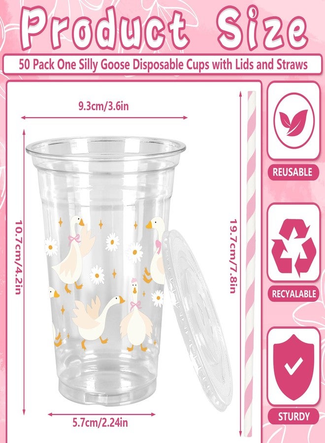 JarThenaAMCS 50Pcs One Silly Goose Plastic Cups with Lids Straws Pink Bow Goose Flower Disposable Cup 12oz Drinking Cup for Birthday Baby Shower Supplies - Image 2