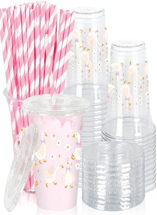 JarThenaAMCS 50Pcs One Silly Goose Plastic Cups with Lids Straws Pink Bow Goose Flower Disposable Cup 12oz Drinking Cup for Birthday Baby Shower Supplies - Image 1