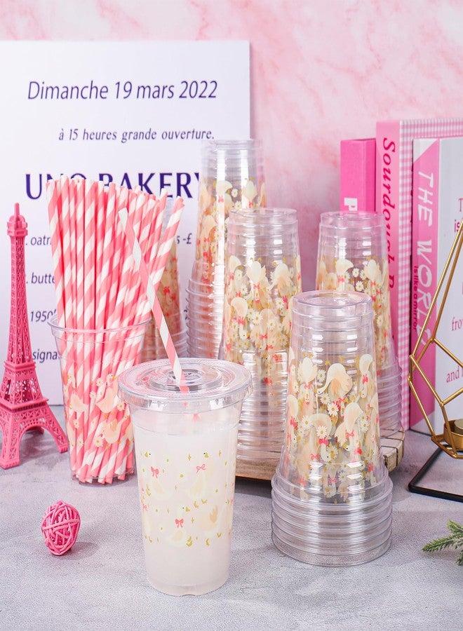 JarThenaAMCS 50Pcs One Silly Goose Plastic Cups with Lids Straws Pink Bow Goose Flower Disposable Cup 12oz Drinking Cup for Birthday Baby Shower Supplies - Image 5