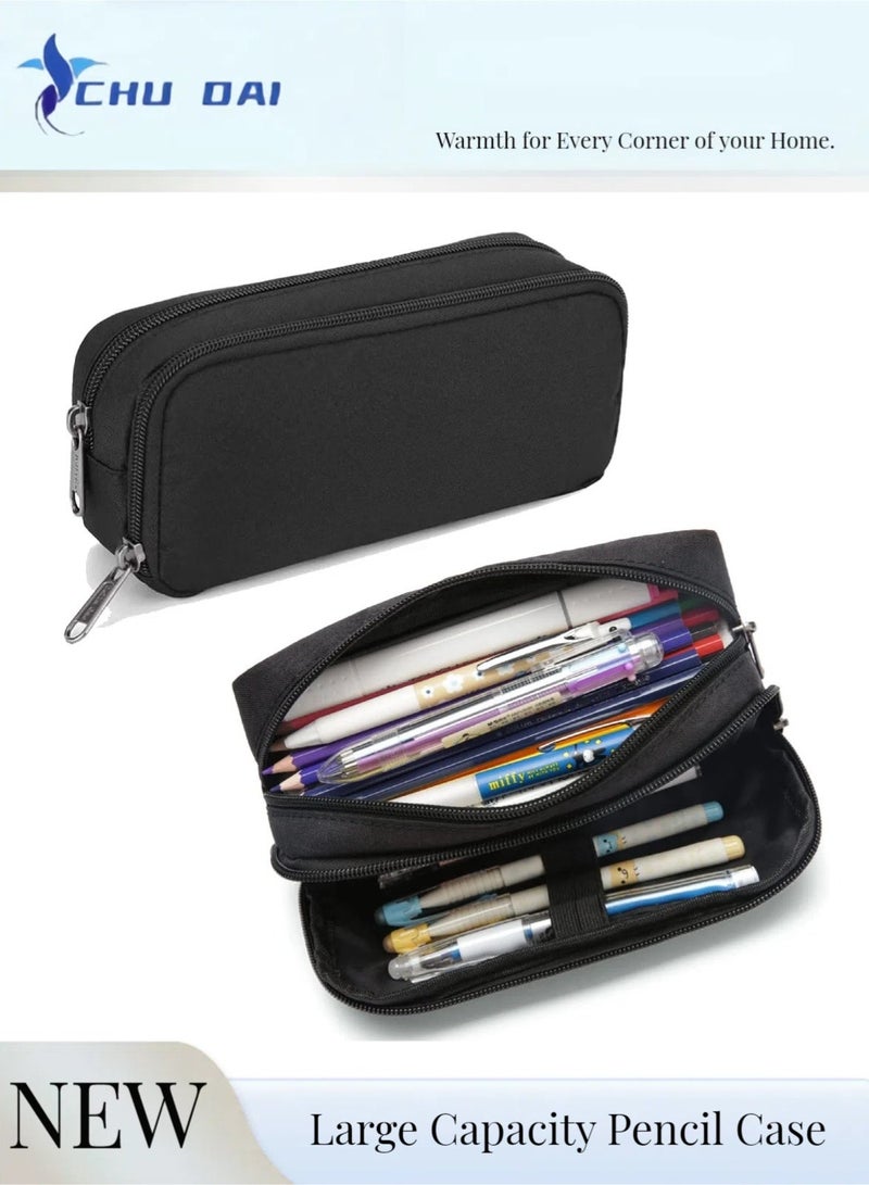 CHU DAI Pencil Case Large Capacity Pencil Pouch Aesthetic Pencil Box for Office Stationery Organizer, Simple Sturdy Multifunctional Pencil Bag for Men - Black - Image 1
