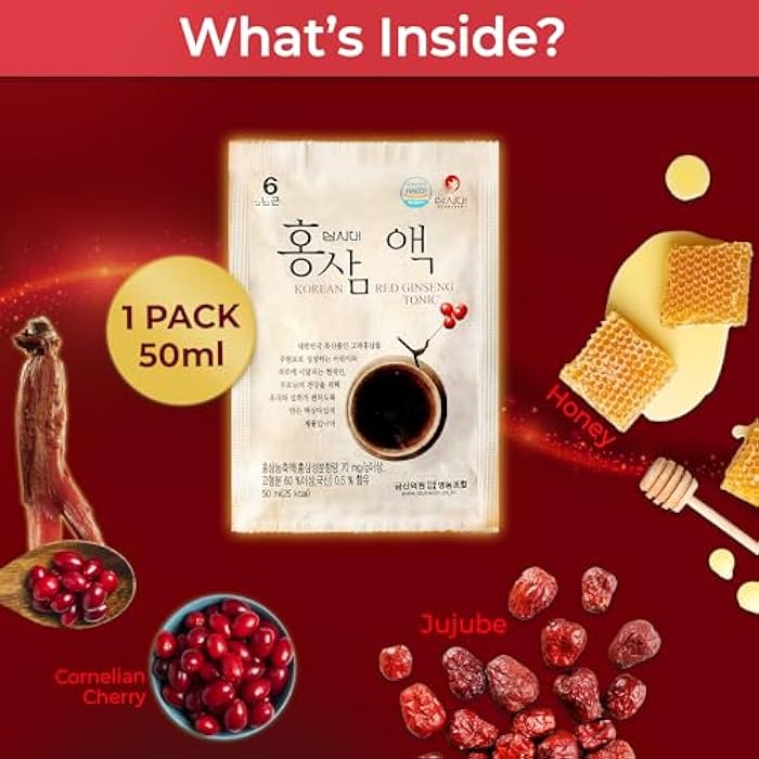 SamSiDae Korean Red Ginseng Tonic – 6-Year Grown Roots with Jujube & Cornus Fruit Extract – Caffeine-Free Herbal Supplement – Supports Energy and Immune Health – 20 Convenient Daily Pouches - Image 5