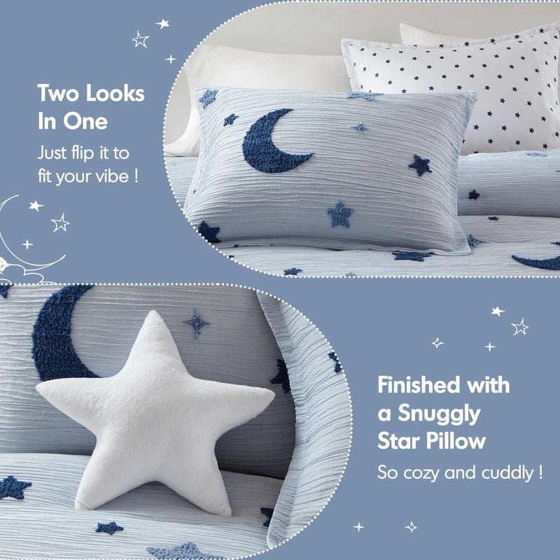 Intelligent Design Kids Cosmos Full Size Comforter Set â€“ Blue Star and Moon Tufted Chenille, Reversible 4-Piece Bedding with Star Pillow, Full/Queen - Image 5