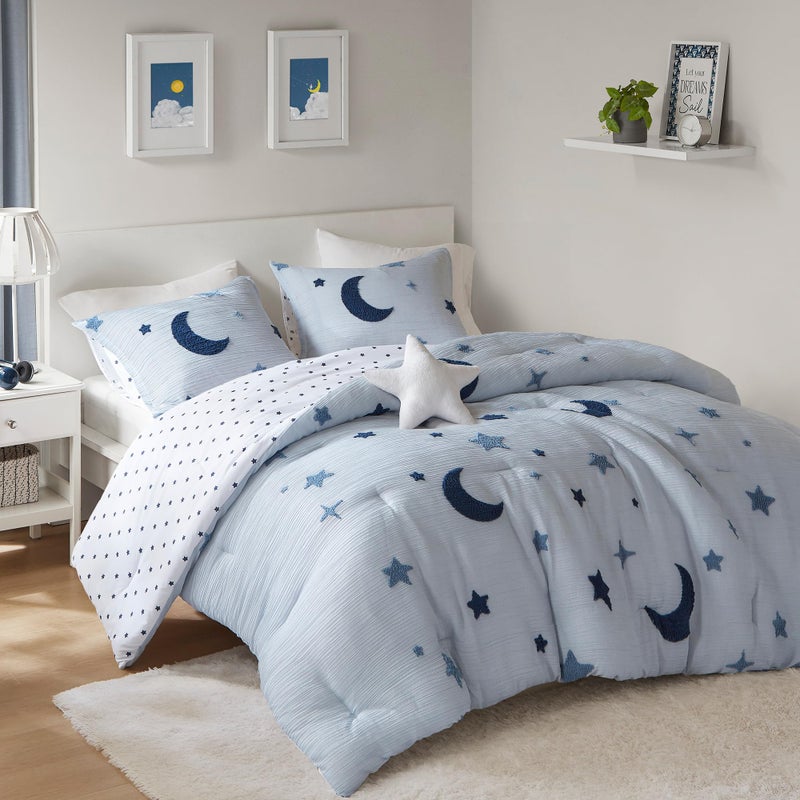 Intelligent Design Kids Cosmos Full Size Comforter Set â€“ Blue Star and Moon Tufted Chenille, Reversible 4-Piece Bedding with Star Pillow, Full/Queen - Image 1