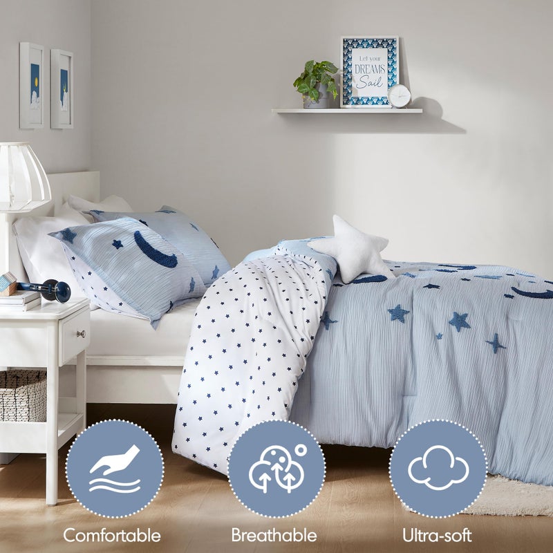 Intelligent Design Kids Cosmos Full Size Comforter Set â€“ Blue Star and Moon Tufted Chenille, Reversible 4-Piece Bedding with Star Pillow, Full/Queen - Image 4