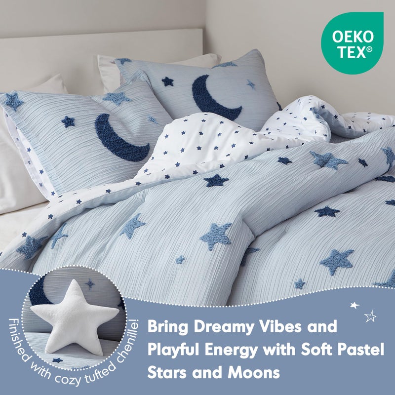 Intelligent Design Kids Cosmos Full Size Comforter Set â€“ Blue Star and Moon Tufted Chenille, Reversible 4-Piece Bedding with Star Pillow, Full/Queen - Image 2