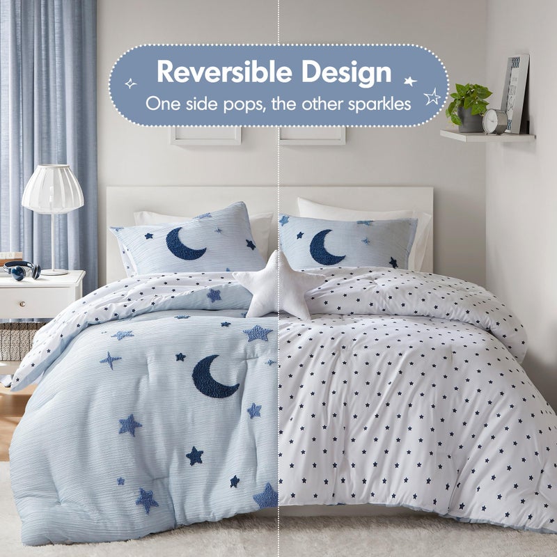 Intelligent Design Kids Cosmos Full Size Comforter Set â€“ Blue Star and Moon Tufted Chenille, Reversible 4-Piece Bedding with Star Pillow, Full/Queen - Image 3