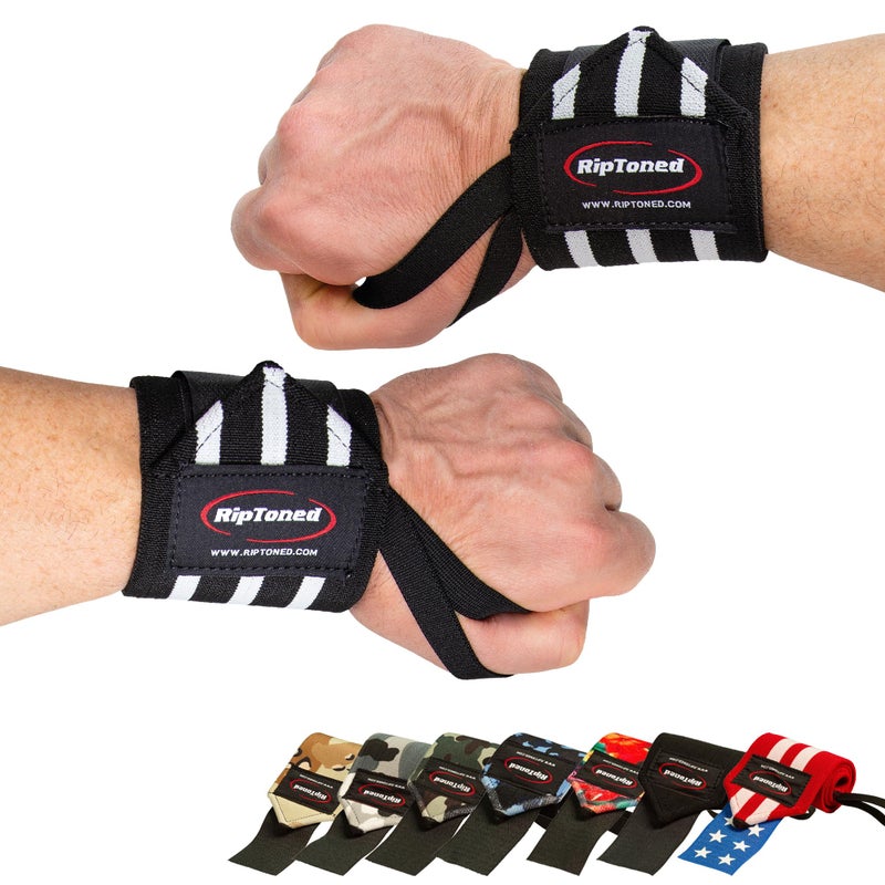 Rip Toned Wrist Wraps for Weightlifting â€“ USPA & USAPL Approved 18" Wrist Straps for Powerlifting â€“ Adjustable, Durable Gym Wraps with Thumb Loop â€“ Maximum Support for Men & Women â€“ Black-White Stiff - Image 1