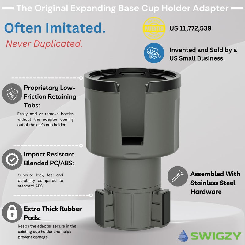 Swigzy Car Cup Holder Expander Adapter for Large Water Bottles - [Patented & Upgraded] - Holds: Hydro-Flask, Yeti, Nalgene, Owala, 32-40oz - Adjustable Expandable Insert Extender - Universal (Gray) - Image 2