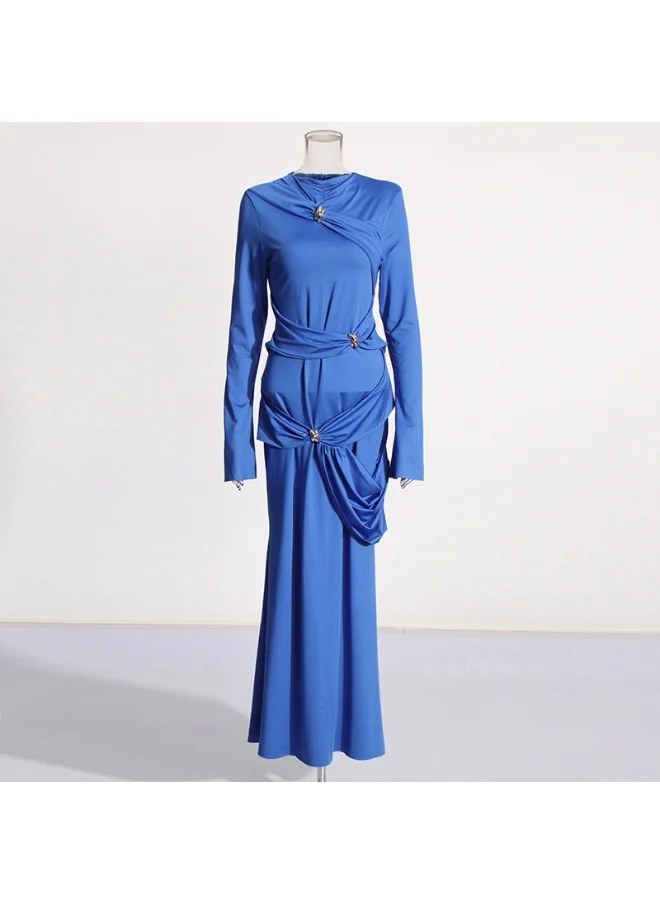 Madam Uniq Elegant and Chic Asymmetrical Long Sleeve Knitted Dress with Pleats for Women