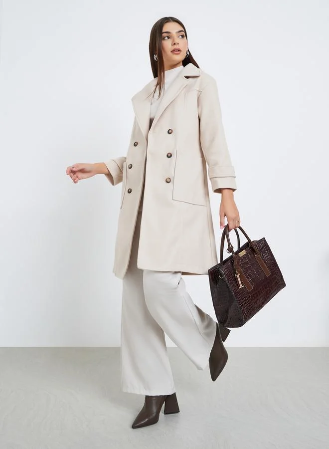 Take Two Beige Double Breasted Wool Like Coat with Pocket Detail