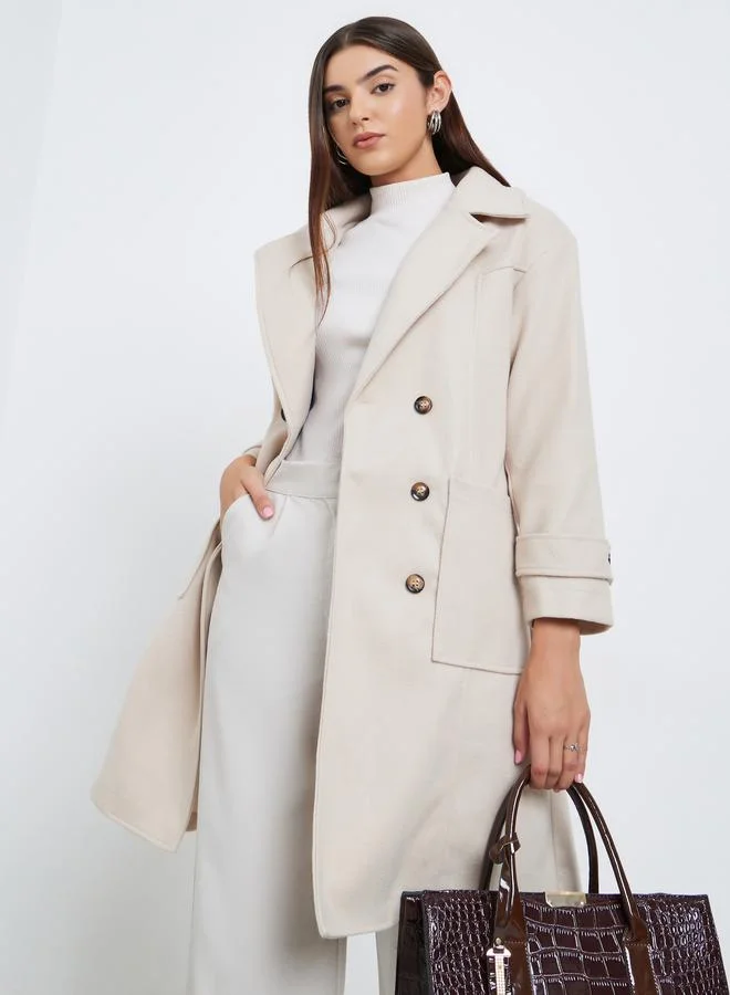 Take Two Beige Double Breasted Wool Like Coat with Pocket Detail