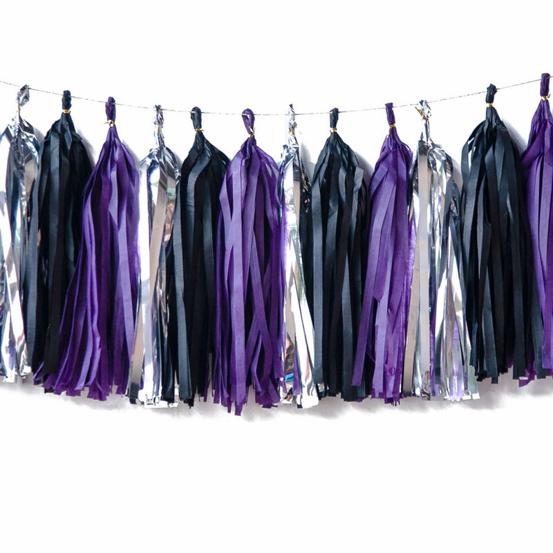 CC wonderland zone Tassel Garland  Banner  Black Purple  Silver Tissue Tassels  15 PCS Party Decor DIY Kit 