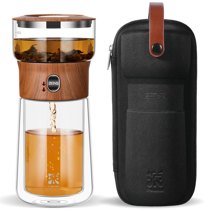 ZENS Modern Glass Infuser Teapot One Touch Tea Maker for Loose Leaf Tea with Insulated Mug and Portable Case Enchanted Pot Alternatives for Tea Lover Gifts - Image 2