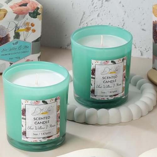 D'Velas™ Pack of 2 Scented Glass Candle (5oz/142g Each) - Blue Willow & Moss | Up to 26 Hours Burn Time | Smokeless & Clean Burn | Home Decor, Gifting & Relaxation | Elegant & Calming Glow - Image 1