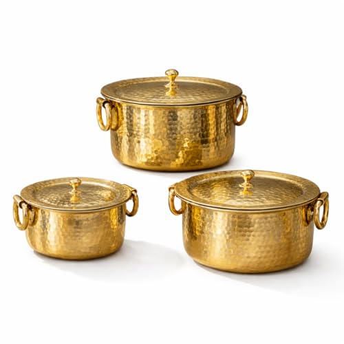 P-TAL P•TAL Brass Patila Set of 3 (1l, 3l, 5l) with Lid and Tin Coated, Teflon Free and 100% Pure Brass Naturally Nonstick Ptal Utensils (Free 30ml Copper & Brass Cleaning Solution) - Image 1