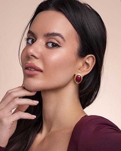 SNGIA 18K Gold Plated Burgundy Maroon Red Carnelian Round Oval Ribbed Button Chunky Statement Earrings for Women by SNGIA, Bold Handmade Exaggerated Dome Retro Rounded Button Trendy Bohemian Gemstone Stud Jewelry Gifts, Unique Vintage Baroque Stone Summer Beach Fashion Earrings Accessories, Thick Circular Nickle Free Huggies Earrings. - Image 2