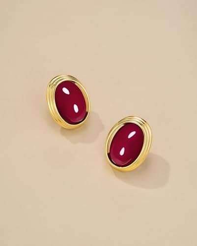 SNGIA 18K Gold Plated Burgundy Maroon Red Carnelian Round Oval Ribbed Button Chunky Statement Earrings for Women by SNGIA, Bold Handmade Exaggerated Dome Retro Rounded Button Trendy Bohemian Gemstone Stud Jewelry Gifts, Unique Vintage Baroque Stone Summer Beach Fashion Earrings Accessories, Thick Circular Nickle Free Huggies Earrings. - Image 5