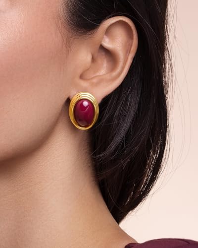 SNGIA 18K Gold Plated Burgundy Maroon Red Carnelian Round Oval Ribbed Button Chunky Statement Earrings for Women by SNGIA, Bold Handmade Exaggerated Dome Retro Rounded Button Trendy Bohemian Gemstone Stud Jewelry Gifts, Unique Vintage Baroque Stone Summer Beach Fashion Earrings Accessories, Thick Circular Nickle Free Huggies Earrings. - Image 4