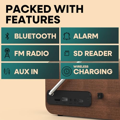 Fuse Hark Bluetooth Radio Speaker | Wireless 10W Charger | FM Radio Speaker with Bluetooth & AUX Input | Alarm Clock | 3 Level Dimmer | Charging Block Included - Image 4