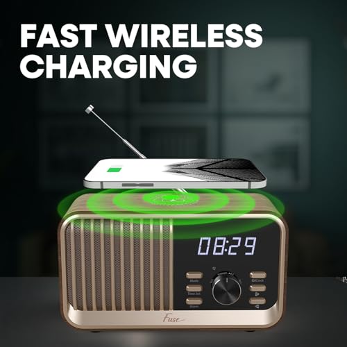 Fuse Hark Bluetooth Radio Speaker | Wireless 10W Charger | FM Radio Speaker with Bluetooth & AUX Input | Alarm Clock | 3 Level Dimmer | Charging Block Included - Image 3