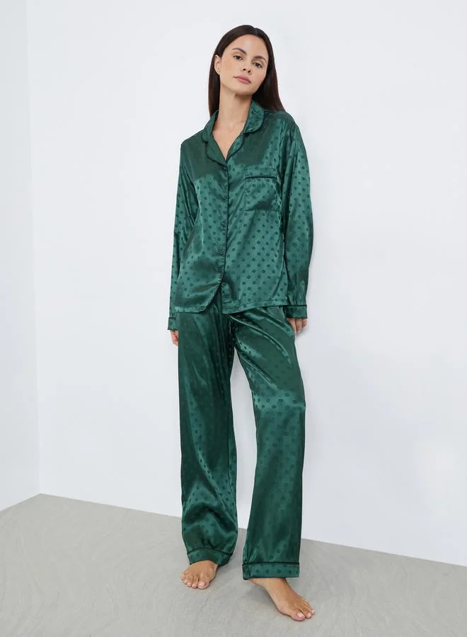 Styli Styli Satin Polka Dot Jacquard Shirt and Straight Leg Pyjama Set