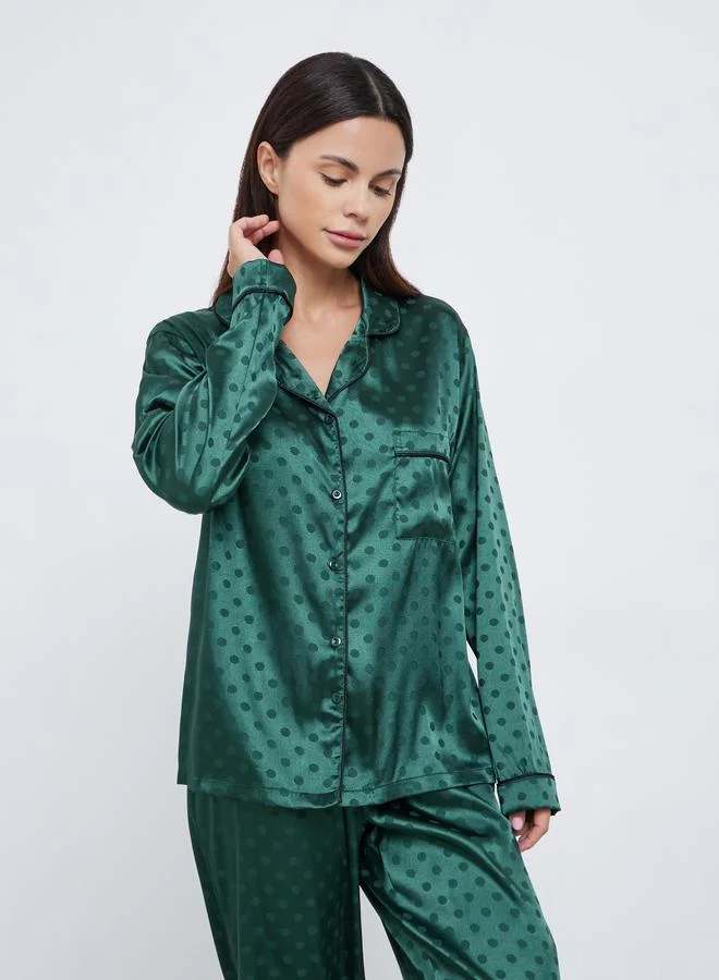 Styli Styli Satin Polka Dot Jacquard Shirt and Straight Leg Pyjama Set