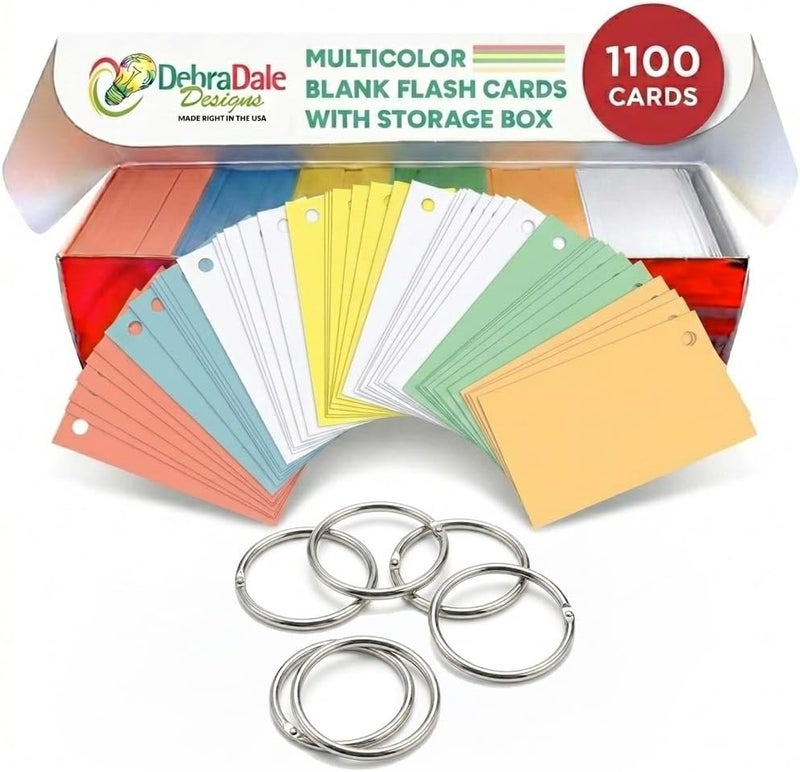 DEBRADALE DESIGNS Debra Dale Multicolor Blank Flash Cards - 1100 Count, 2 x 3.5 Inch Index Cards - Includes Study Storage Box with Lid, Made in USA - Image 1