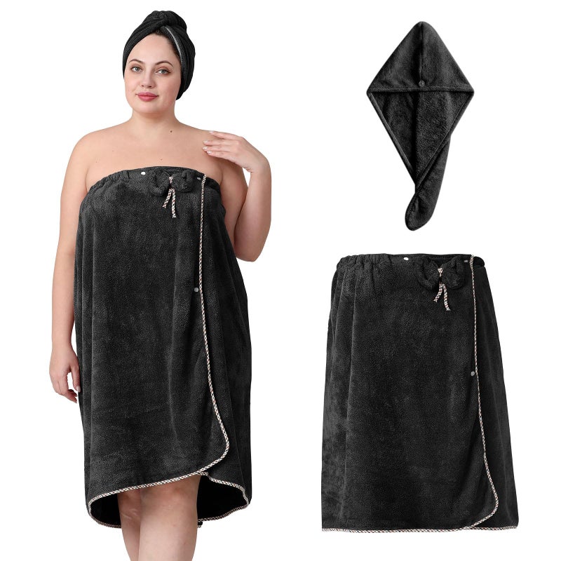 OneDream Plus Size Towel Wrap for Women Adjustable Towel Wrap Women with Hair Towel XXLXXXXL Bath Towel Dress After Shower Large Spa Towels for Body Black