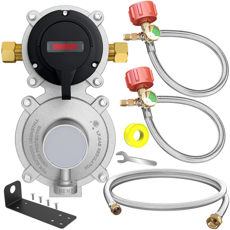MEFUN 2 Stage Auto Changeover LP Propane Gas Regulator with 2 Pcs 18RV Pigtail Propane Hose with Gauge and 4FT Stainless Braided Regulator Hose Assemblies Dual Propane Tank Regulator for RVsTrailersCampe - Image 2